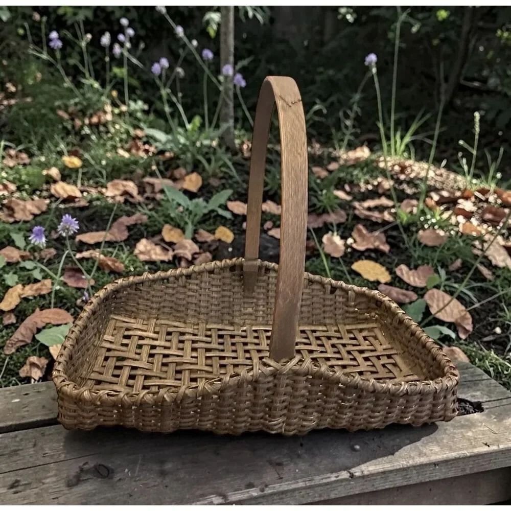 Vintage Handwoven Wicker Gathering Flower Basket Bentwood Handle Farmhouse 22”